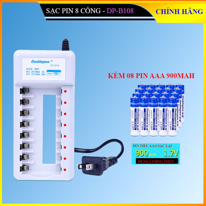 Sạc pin AA, AAA 8 cổng Double Pow DP - B108 + Kèm 8 pin đũa sạc Doublepow AAA 900mAh