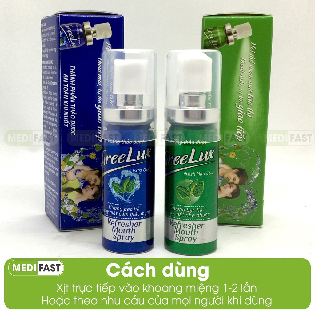 Bình xịt thơm miệng Greelux vị bạc hà cay mạnh - Giúp hơi thở thơm mát, khử mùi hôi, sâu răng greelux từ bạc hà -Lọ 12ml