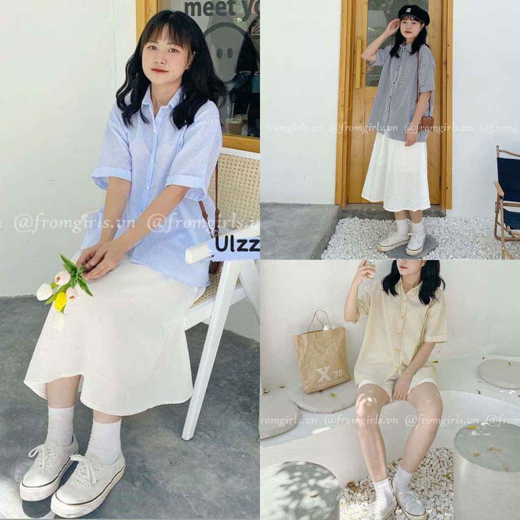 Áo sơ mi kẻ nhiều màu, áo sơ mi tay lỡ vải xốp ulzzang  - SM07FG