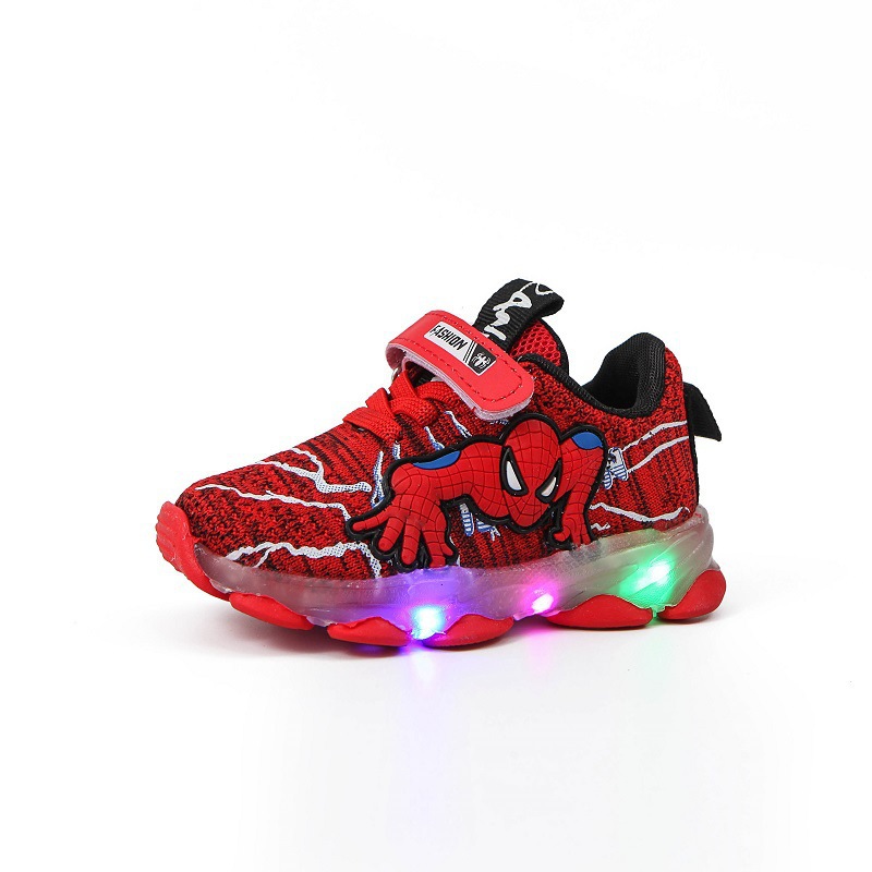 Giày thể thao vải dệt kim phối lưới thoáng khí họa tiết người nhện có đèn led phát sáng thời trang dành cho bé