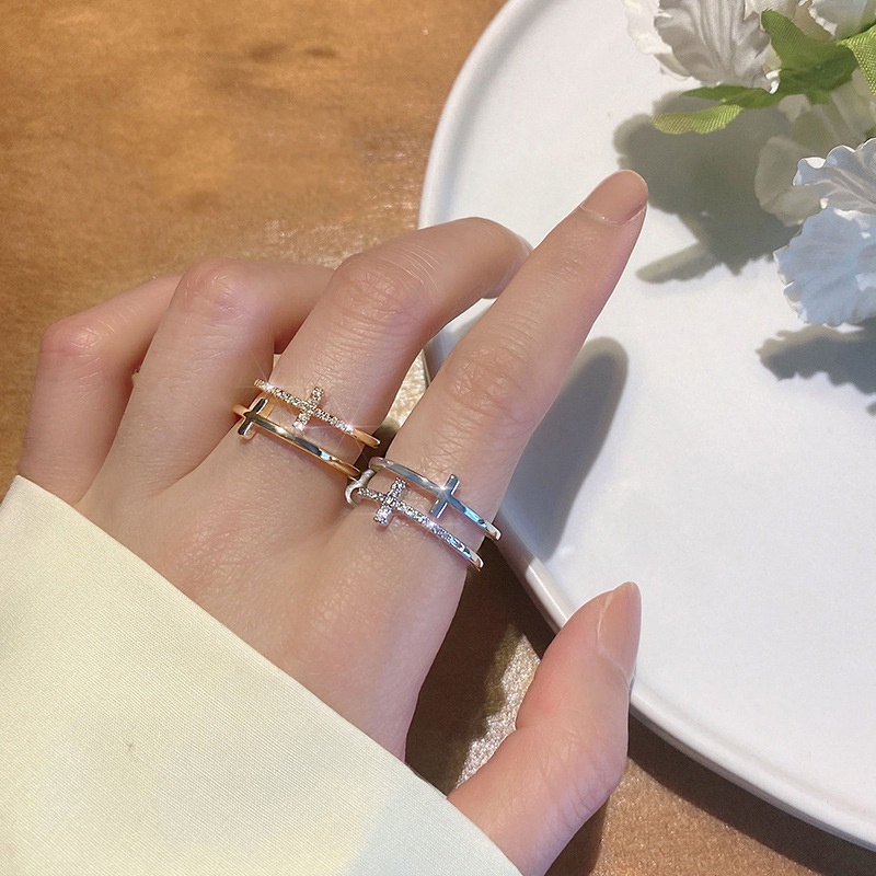 Nhẫn Hở Hai Lớp Hình Học Chéo Màu Sắc Tối Giản Tùy Chỉnh Thời Trang Cho Nữ