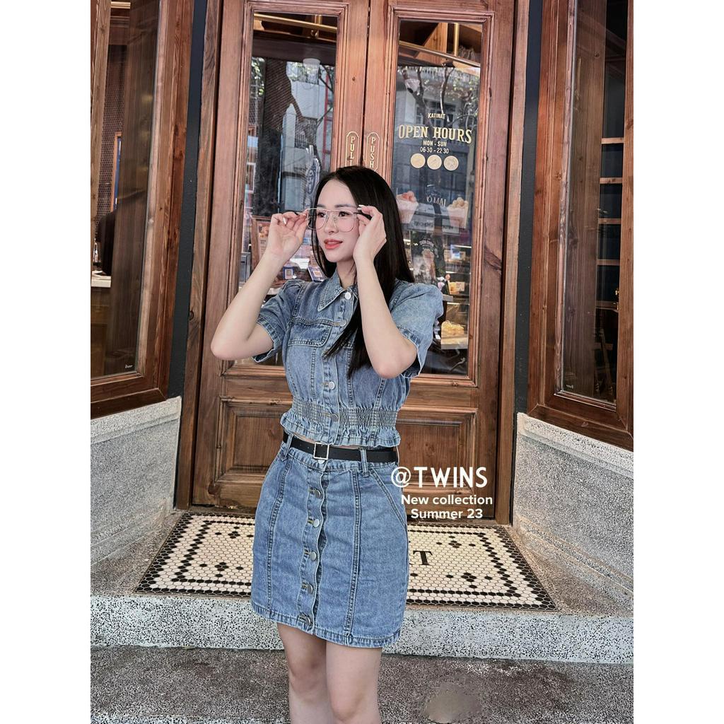 Set đồ nữ jeans cộc tay chun eo chân váy hàng khuy 8868
