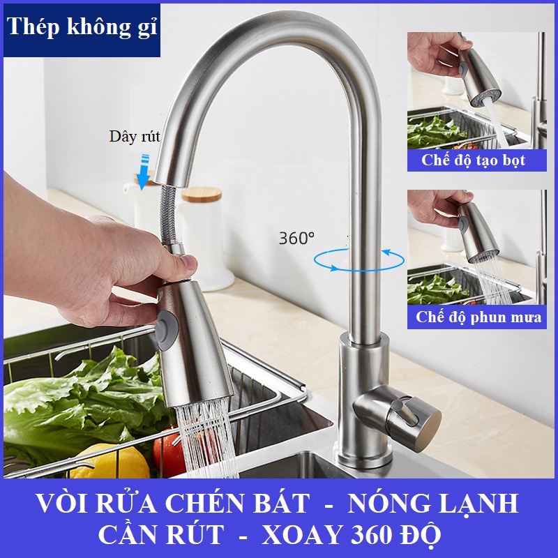 Vòi Rửa Chén, Vòi Rửa Bát Nóng Lạnh Inox Cần Rút Xoay 360 Độ