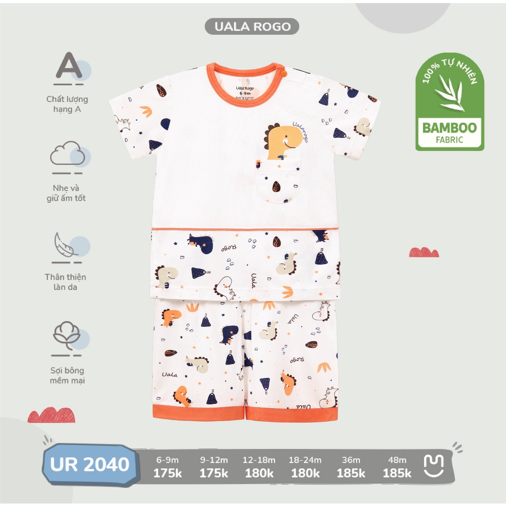 Bộ Uala Rogo cộc tay cài vai bamboo cao cấp mềm mịn thoáng mát khủng long đáng yêu cho bé trai bé gái 2040