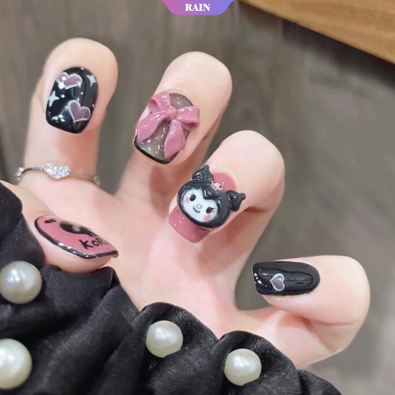Bộ 24 Móng Tay Giả Họa Tiết Búp Bê Hoạt Hình Kuromi Dễ Thương Bắt Mắt