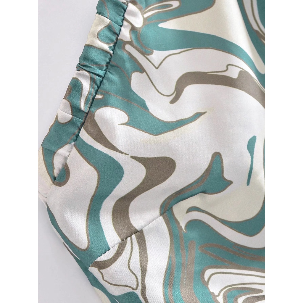 Sale Đầm cổ yếm xanh hoạ tiết vân đá trắng lưng trần sang chảnh, BUY. NOW