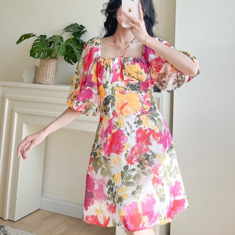 Đầm Cổ U Tay Phồng Hoạ Tiết Hoa - EDINI - D1498