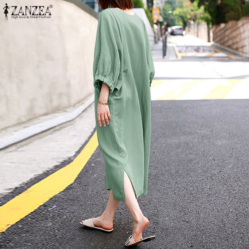Đầm ZANZEA tay lửng màu trơn đơn giản hợp thời trang