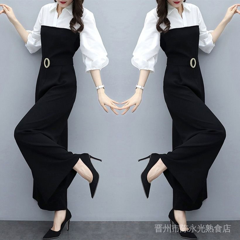 Bộ Áo Liền Quần Lưng Cao Ống Rộng Màu Đen Phong Cách Hàn Quốc Thời Trang Mùa Thu Cho Nữ