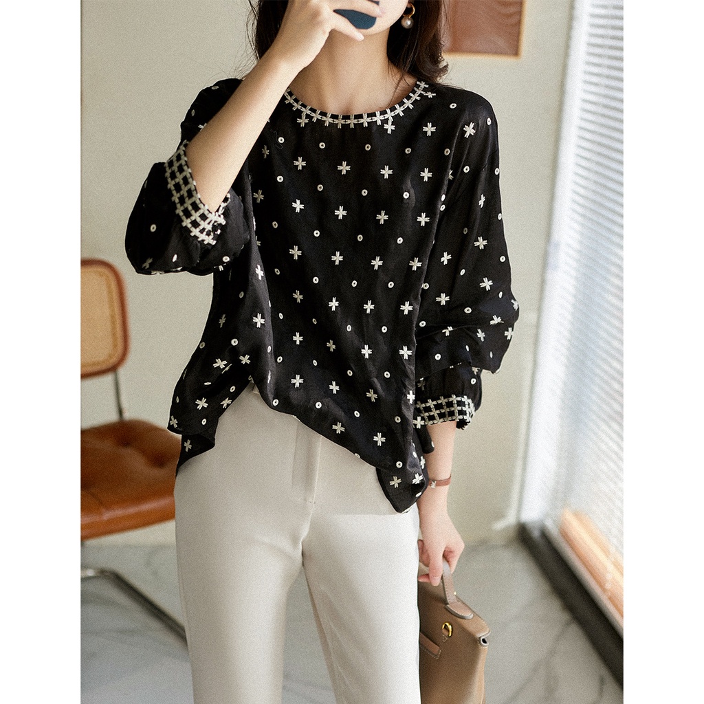 Áo Sơ Mi Tay Dài Phồng Cổ Tròn Thêu Họa Tiết Thời Trang Xuân Thu 2023 Cho Nữ