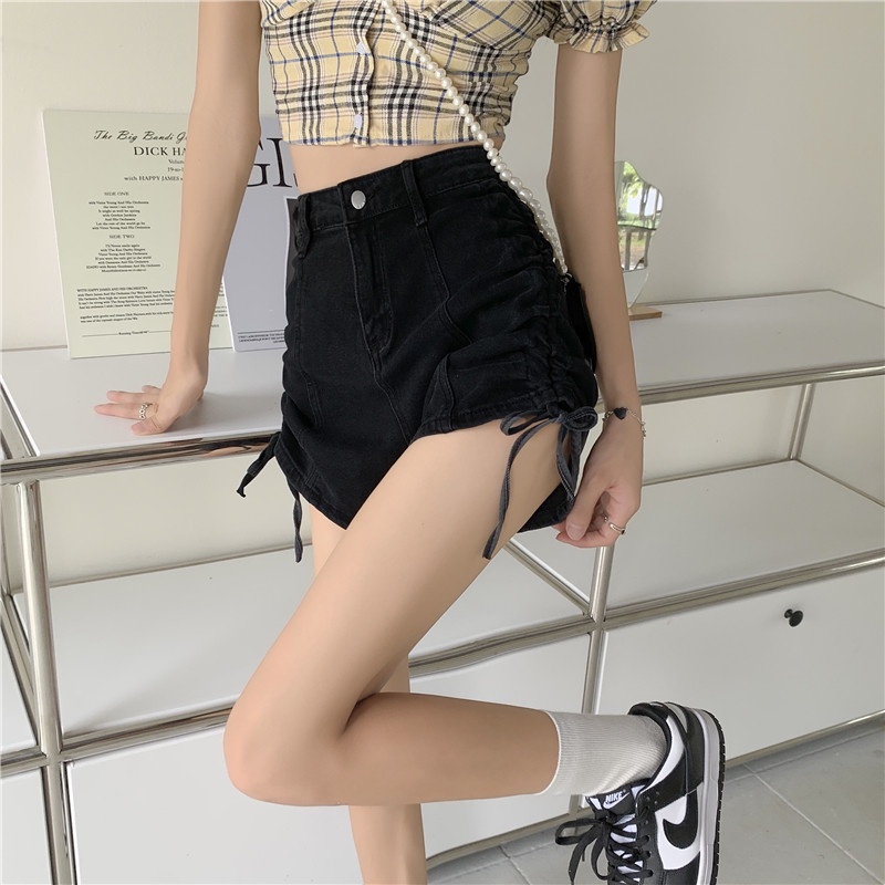 Quần short jeans SUXI lưng cao thiết kế dây rút phong cách Hàn Quốc cho nữ