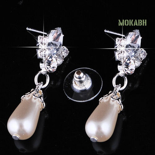 Bộ Vòng cổ + Bông Tai Đính Đá &amp; Ngọc Trai Giả Hình Giọt Nước