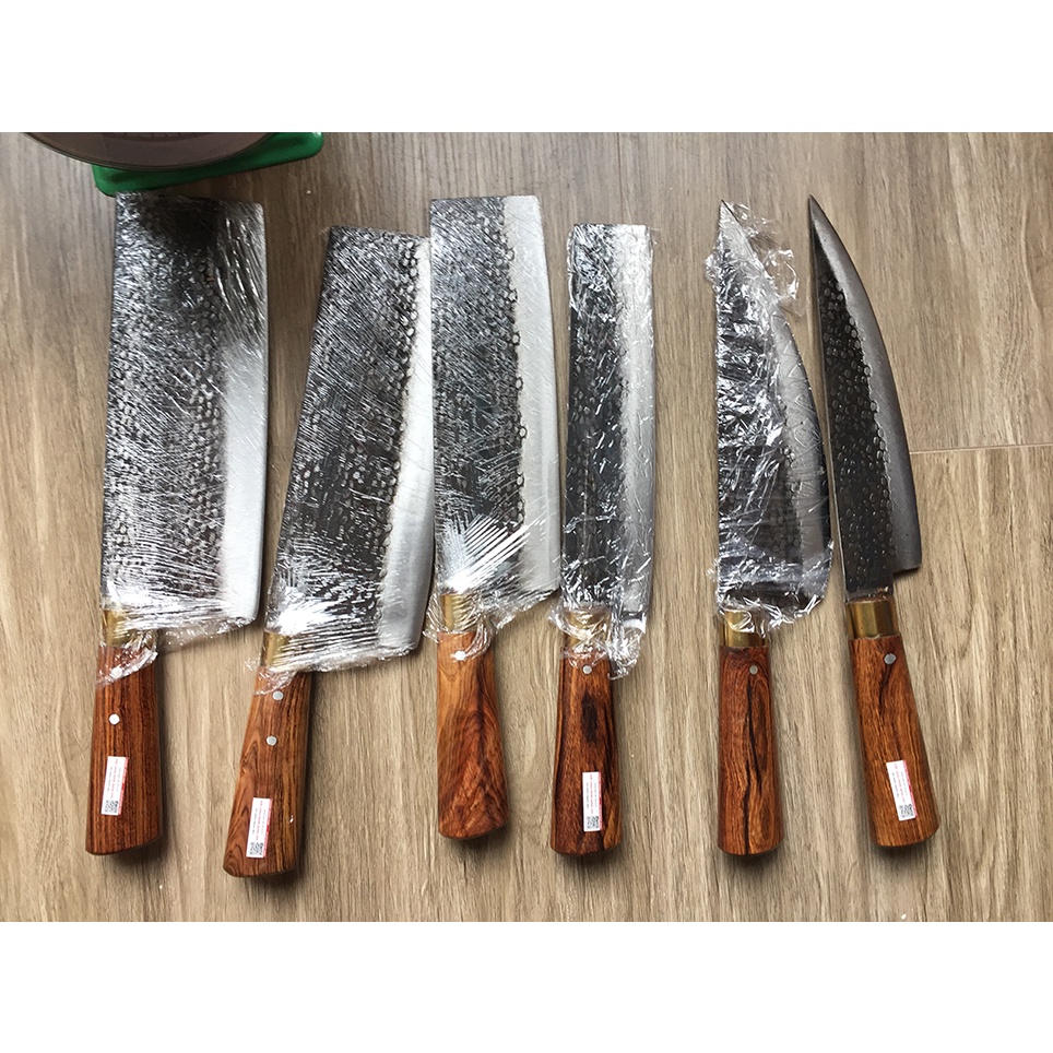 Bộ Dao Phúc Sen Làm Bếp, Cán Gỗ Cẩm Chỉ Tây Bắc - Khâu Đồng Vàng - Xưởng Rèn Nghệ Nhân Phúc Sen [DAO