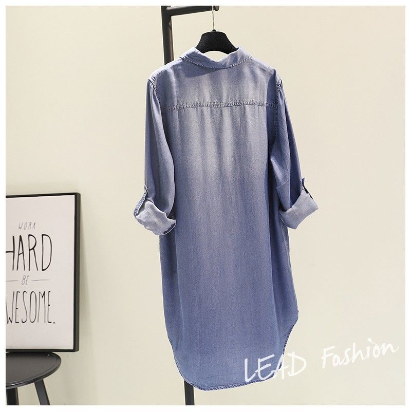 Đầm Sơ Mi denim Dài Vừa Tay Cuộn Hai Túi Thời Trang Xuân Thu Hàng Mới Dành Cho Bạn Nữ 2022