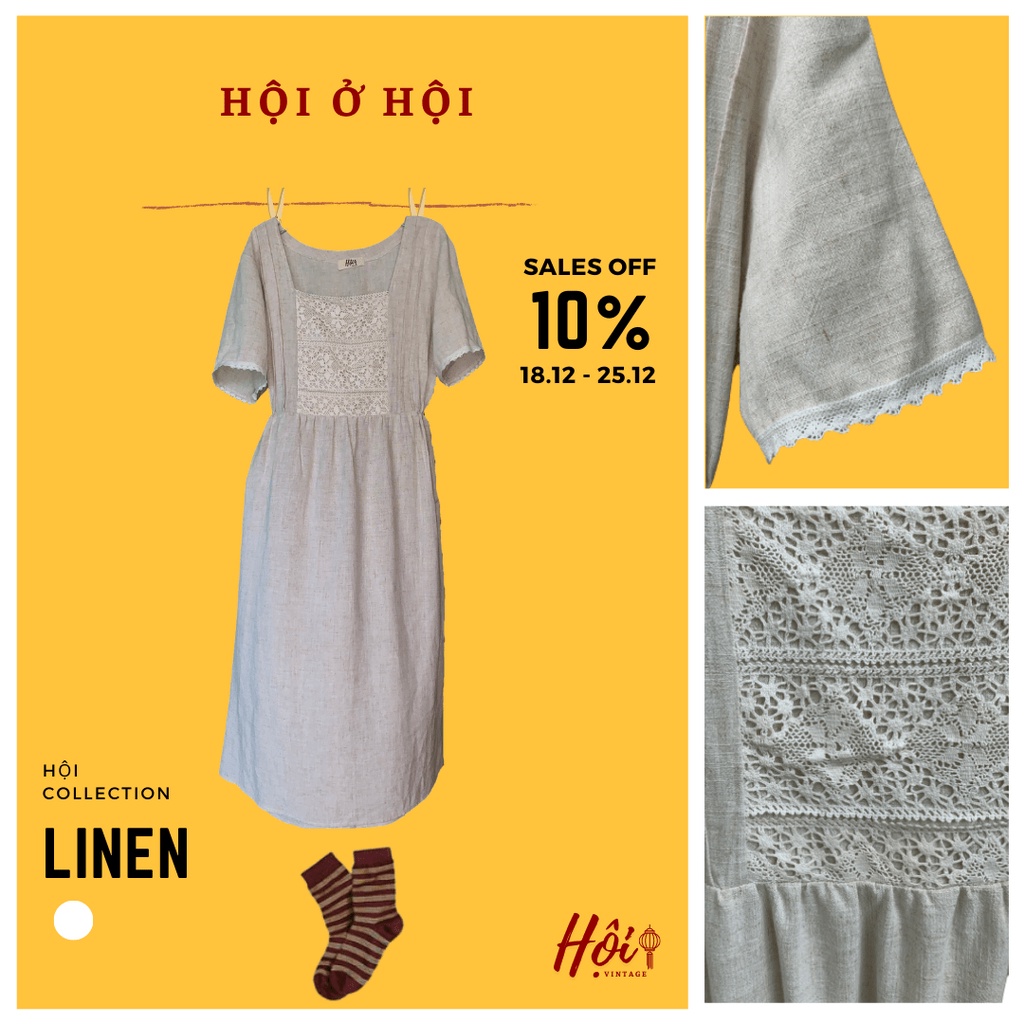 Váy Linen Nữ Tính Cổ Vuông Phối Ren Cổ Điển Vintage Vui Hè Mát