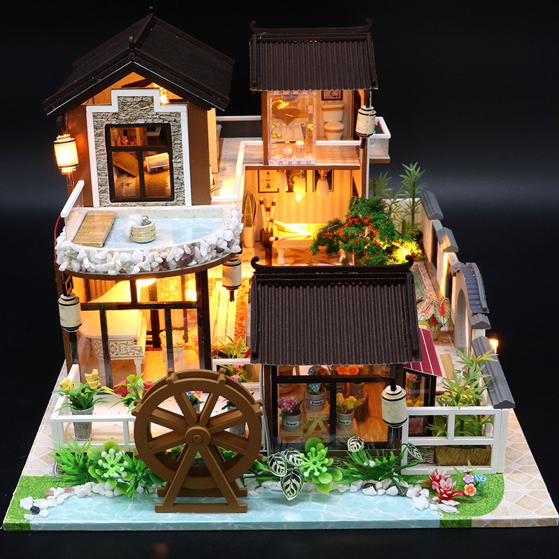 Mô hình nhà DIY Doll House Dream in Ancient Town Kèm Mica Chống bụi, Bộ dụng cụ, Keo dán và Bộ phát nhạc