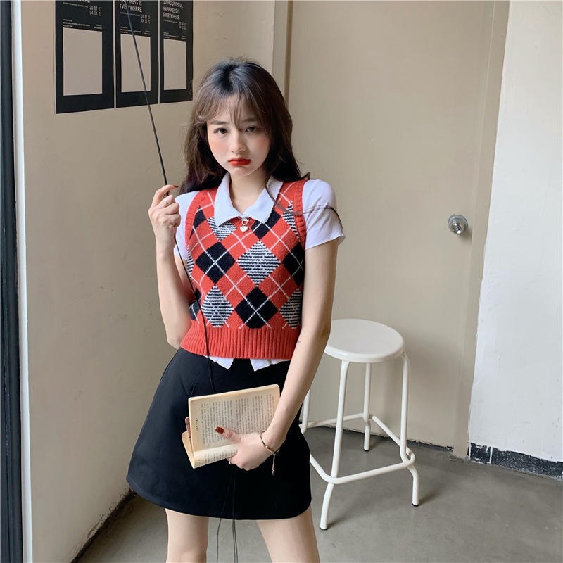 Áo không tay IELGY dệt kim hình thoi cổ V chui đầu retro phong cách học đường