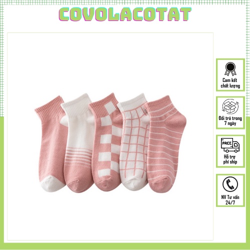 Set 5 đôi tất nữ cổ ngắn phong cách hàng quốc vitage chất cotton mềm mịn thoáng mát covolacotat