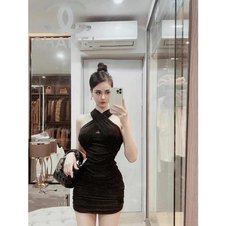 Đầm body phối dây chéo cổ sành điệu, váy eo nhúm chất thun borip mềm mịn, co giãn tốt