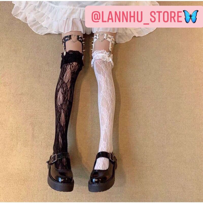 (Sẵn) Tất lolita mix boot hoặc giày bupbe-siêu co giãn-2 màu trắng đen