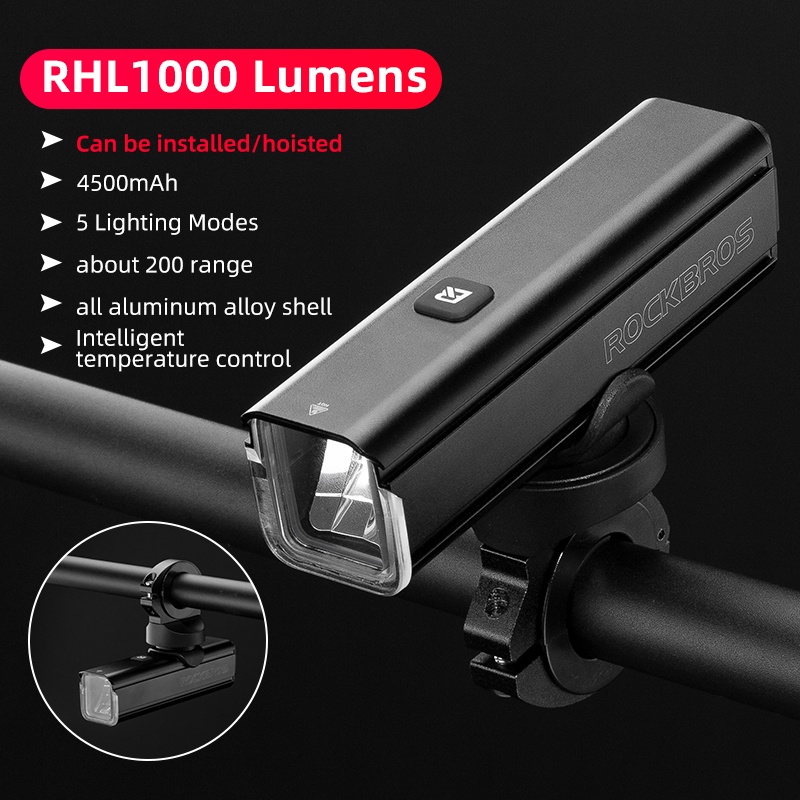 Rockbros Đèn Pha LED 1000Lm IPX6 4800mAH Vỏ Nhôm Chống Nước Có Thể Sạc Lại Cho Xe Đạp
