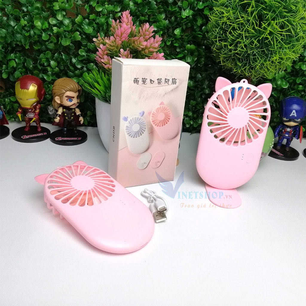 (CHUYÊN SỈ) Quạt Bàn Cầm Tay Mini Pin Sạc Sừng Hươu Tai Mèo 3 Tốc Độ Gió Có Kèm Chân Đứng Để Bàn Dung Lượng Pin 800mah
