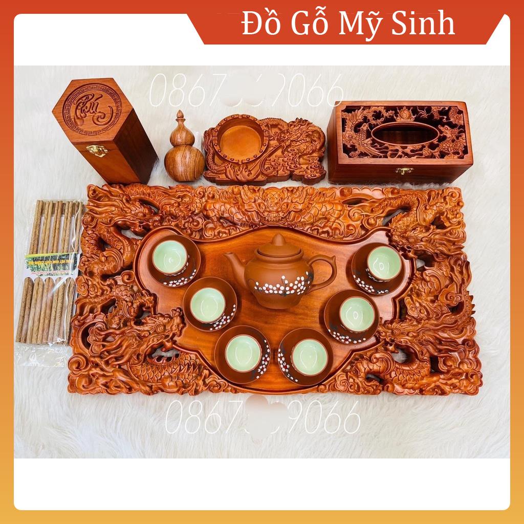 Combo đồ gỗ mỹ nghệ mini song long rồng ấm chén khay trà  gỗ hương đỏ, Đồ gỗ nội thất cao cấp hộp giấy lọ tăm