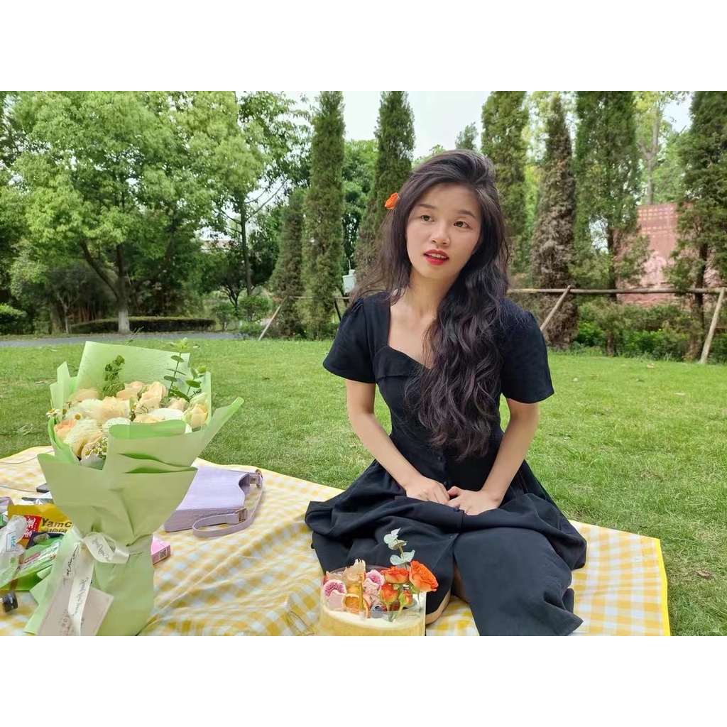 ℗Đầm Dài Cổ Vuông Màu Đen Thời Trang Mùa Hè Phong Cách Pháp Cổ Điển Cho Nữ