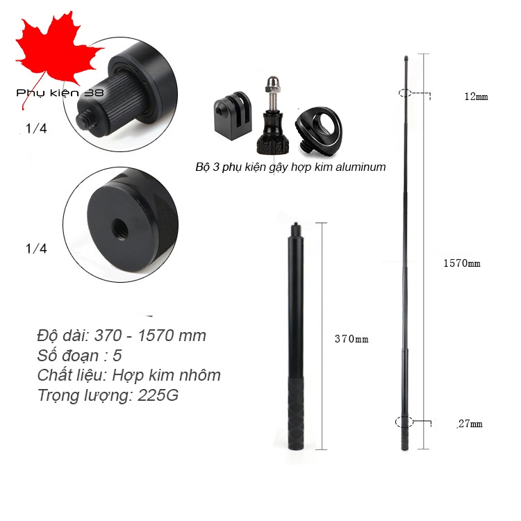 Gậy tripod 3 chân chụp hình selfie tự sướng 1.5m dùng cho điện thoại, gopro, sjcam eken insta360 hợp kim nhôm