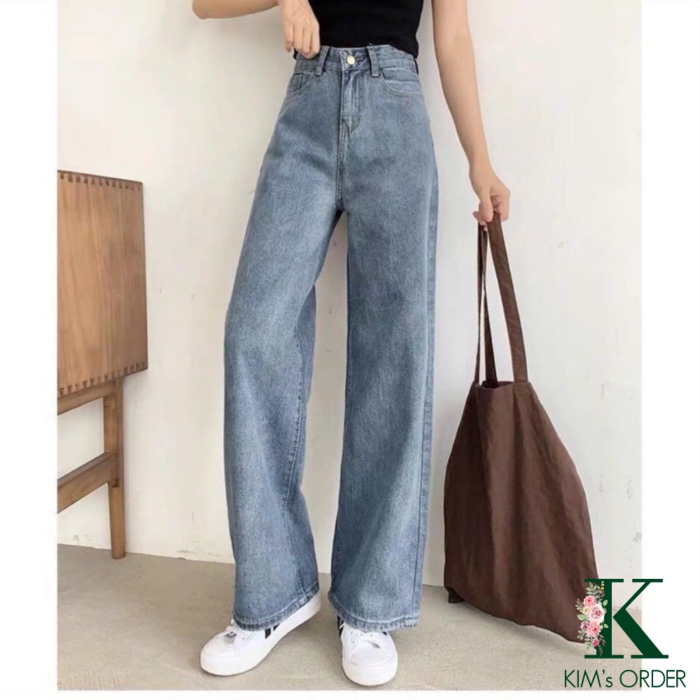 Quần jeans nữ ống suông trơn lưng cao dáng rộng màu xanh phong cách Ulzzang Hàn Quốc chất liệu co dãn nhẹ cao cấp