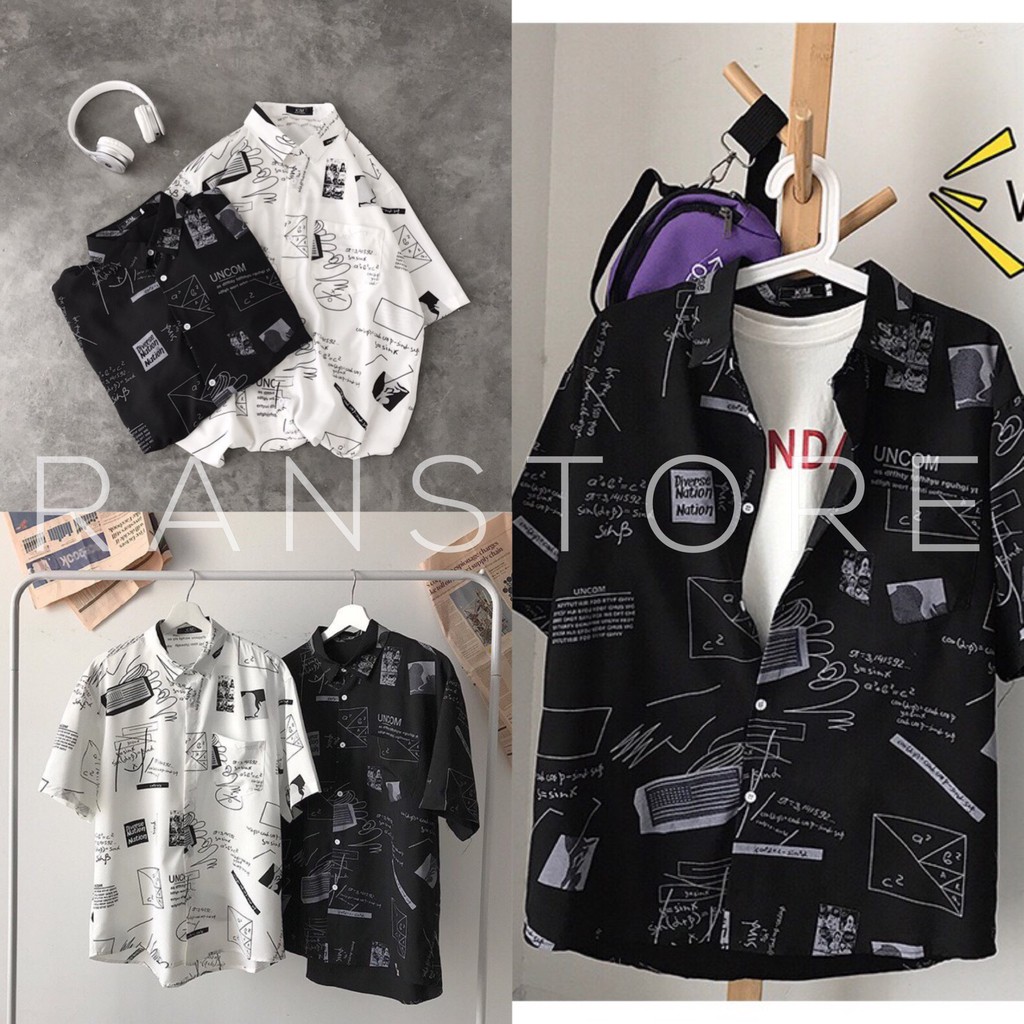 Áo sơ mi hình học dáng suông form rộng unisex có túi thời trang nam nữ/ Áo sơ mi loang in họa tiết cổ điển_ranstore