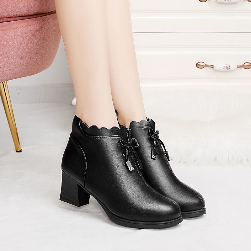 Bốt nữ cổ ngắn lót lông đính nơ gót thô 6cm C06 có video