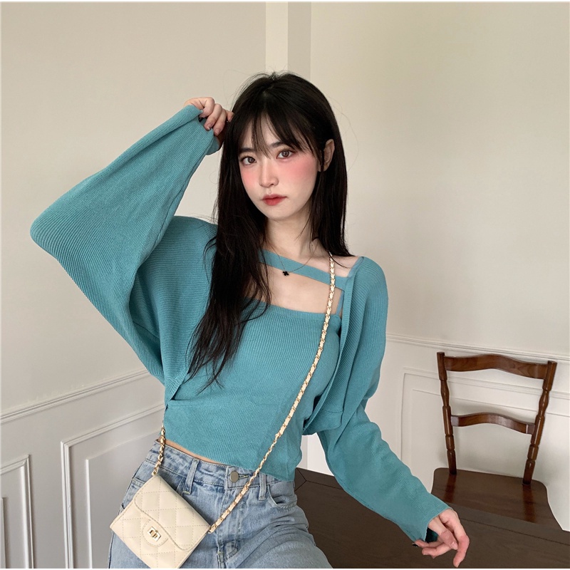 Set áo khoác ngoài tay dài + áo hai dây dệt kim thời trang cho nữ