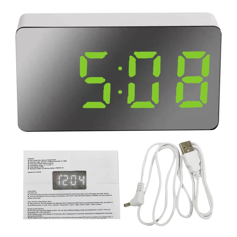 Đồng Hồ Báo Thức Kỹ Thuật Số Mini Màn Hình LED Mặt Gương Hiển Thị Nhiệt Độ Trong Ngày Giờ Cho Xe Hơi