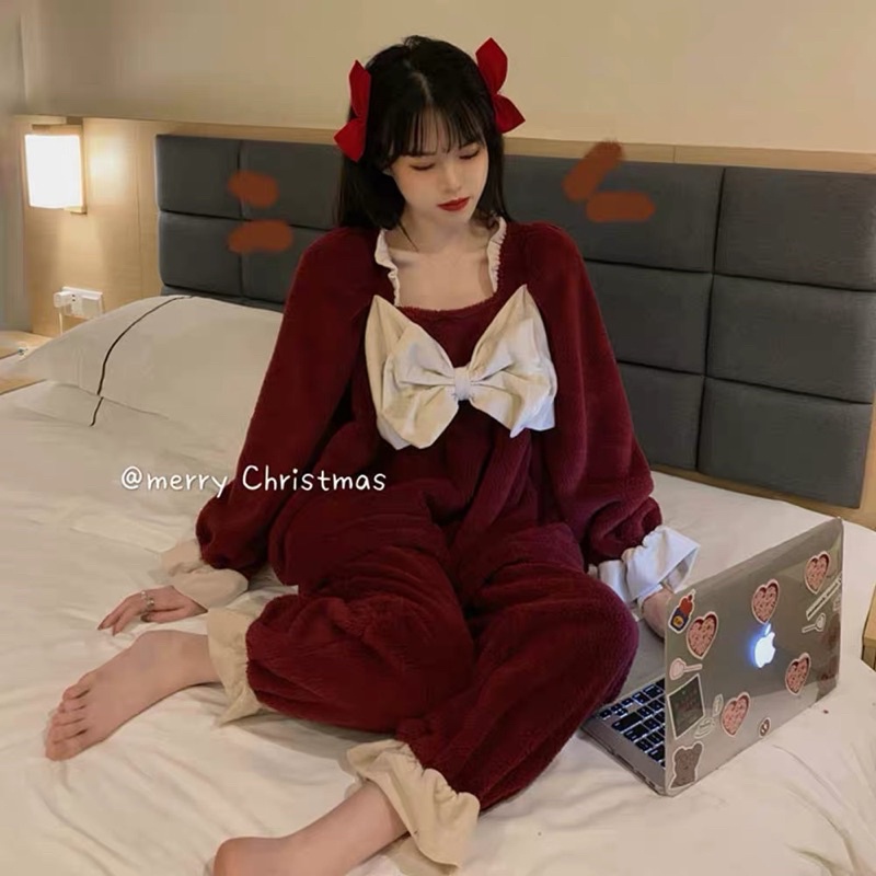 Bộ ngủ bông nơ đỏ lông mịn sang chảnh điệu đà phù hợp ở nhà và đi chơi#15