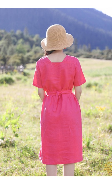 Váy linen  dáng suông nhún vai, tay ngắn đủ size S đến XL 44-63kg