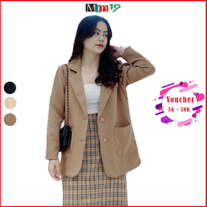 Áo vest nữ blazer 2 lớp Hàn Quốc trơn dáng rộng tay dài túi nắp kiểu bigsize công sở cá tính màu đen be nâu thời trang