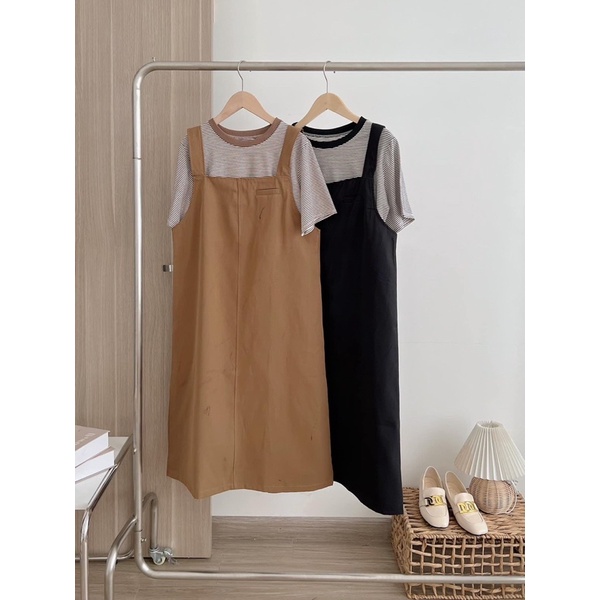 Set yếm kaki kèm áo phông kẻ form rộng phong cách Ullzang