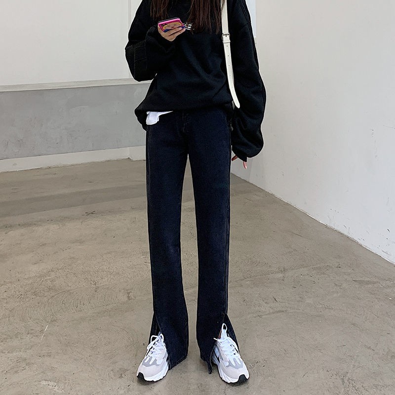 ∋Mùa xuân 2021 quần jean bootcut cạp cao màu đen của phụ nữ ống loe rộng và size MM dành cho người béo [được đăng