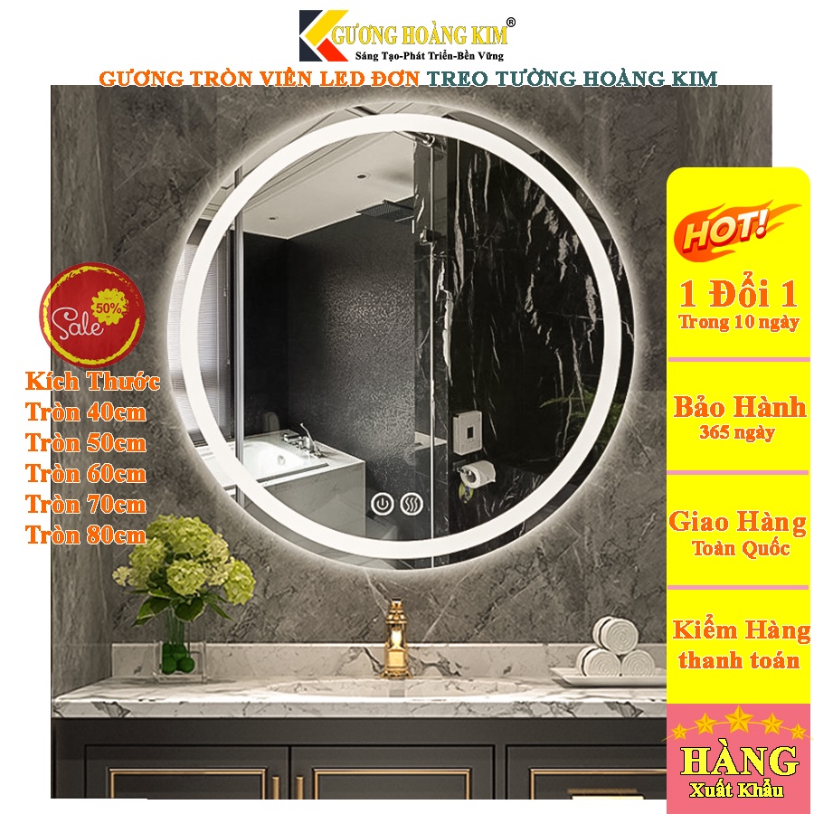 Gương tròn cảm ứng đèn led treo tường trang điểm makeup phòng wc nhà tắm thông minh kt tròn 60,70cm guonghoangkim HK0001