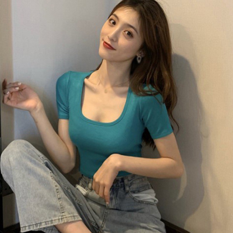 Áo Thun Lửng Tay Ngắn Cổ Vuông Thời Trang Cho Nữ