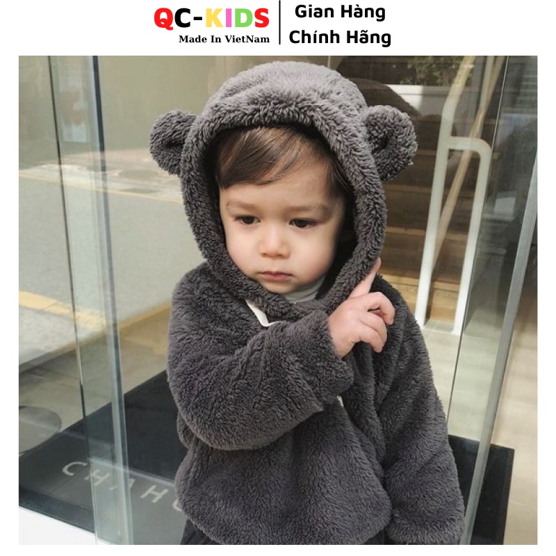 Áo thu đông cho bé trai, bé gái 8 đến 18 kg, Áo nỉ hoodie lông tai Gấu cho bé QC-KIDS