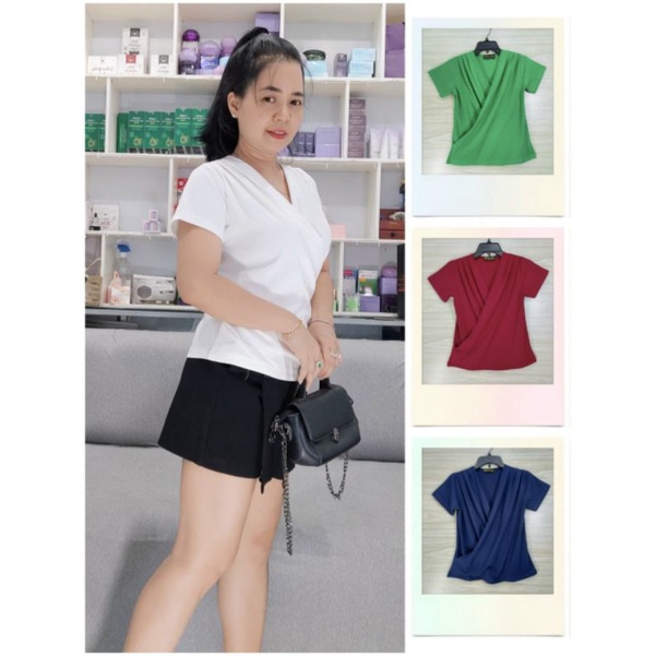 Áo Thun Kiểu Tay Ngắn Đắp Chéo Ngực Cổ V Xếp Ly Thun Borip Cotton Đủ Size từ 50-----> 90 kg