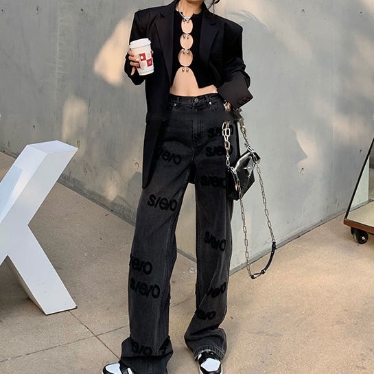 ❀Quần Jeans Đen Cạp Cao Ống Suông Thêu Chữ Quyến Rũ Thiết Kế Độc Đáo 2022 Cho Nữ