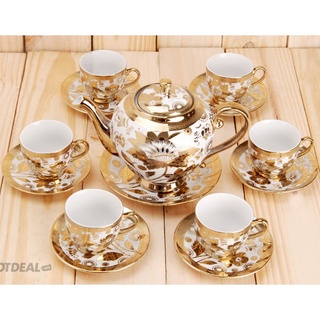 Bộ Ấm Trà Nhũ Vàng Sang Trọng Phong Cách Hoàng Gia (1 Bình , 6 Ly, Kèm Đế Lót Ly)