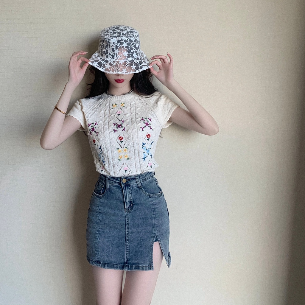 Áo dệt kim ZHELIHANGFEI ngắn tay thêu họa tiết ba chiều dễ thương