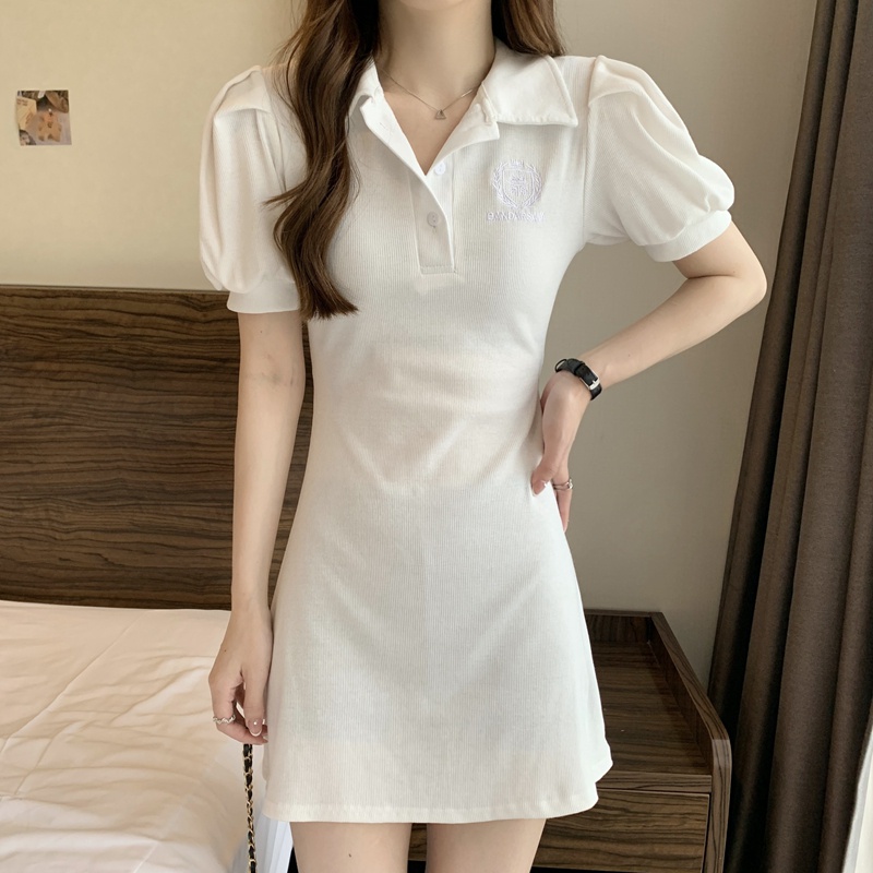 SUXI Đầm Mini Tay Phồng Cổ POLO Màu Trơn Ngọt Ngào Thời Trang Mùa Hè