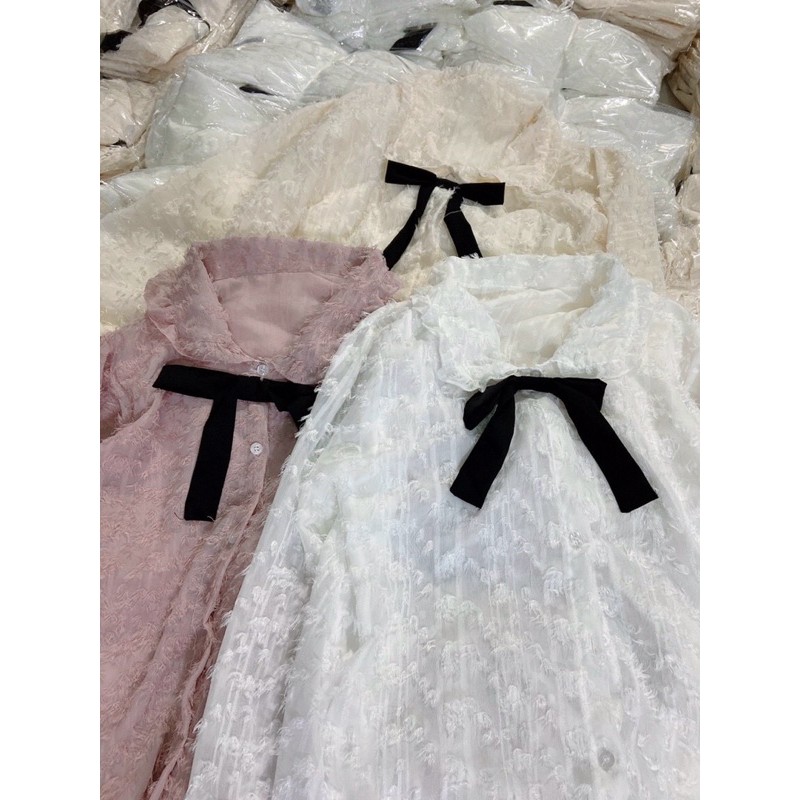 Áo kiểu nữ, áo sơ mi nữ lông cườm kèm nơ đen - 25 store