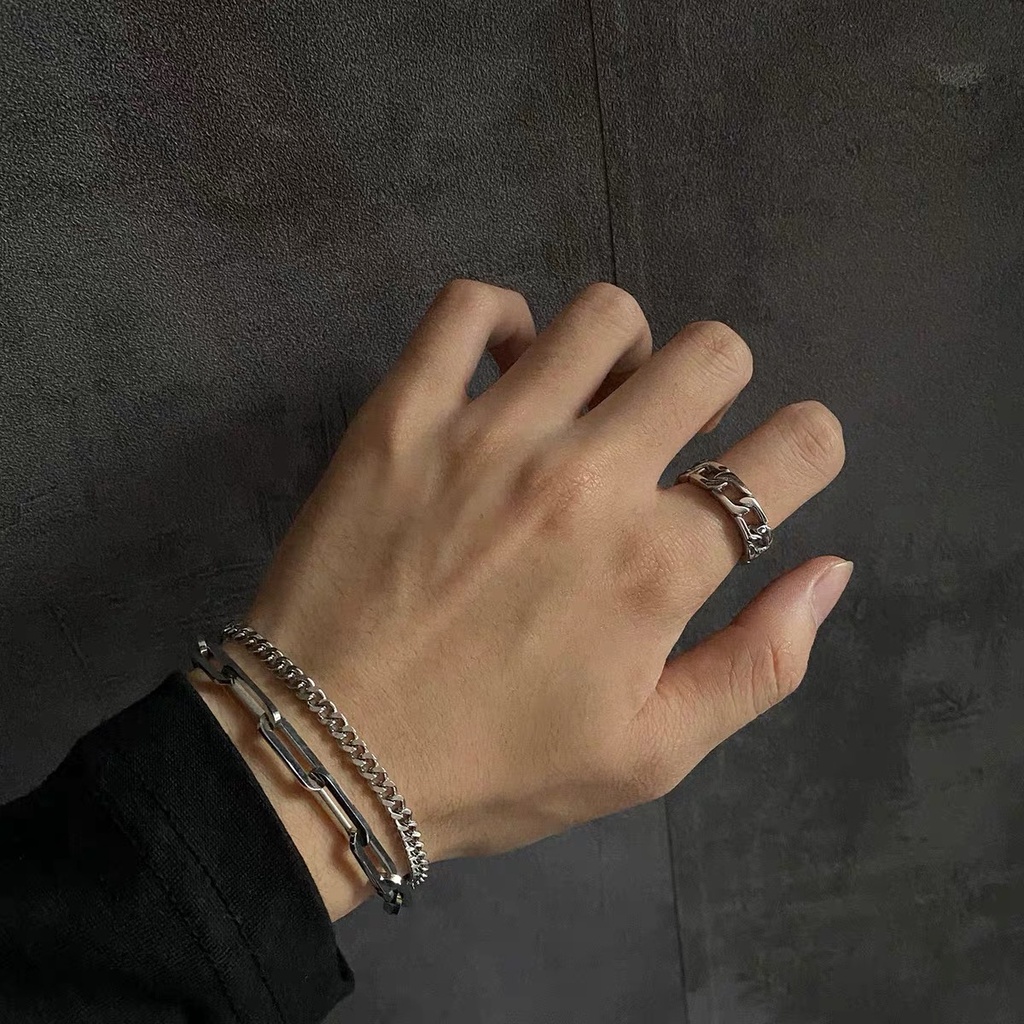 Vòng Tay Nam Dây Xích Kamenra Loki Accesories 2 Lớp Kèm Nhẫn Màu Bạc Đẹp Titan Không Gỉ - Lắc Tay Kamenra