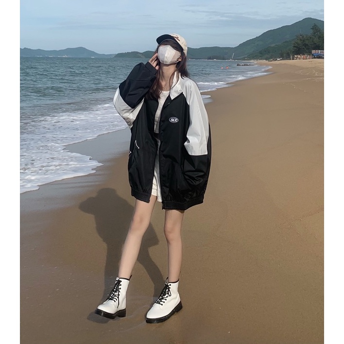 Áo khoác dù nữ 2 lớp khoá zip có túi in hình SLC unisex form rộng màu xanh, đen